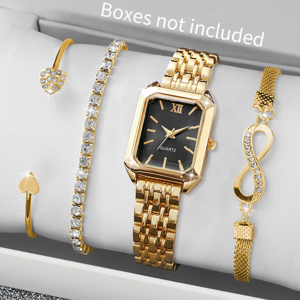 4PCS Fashion Women Watches Rhinestone Bracelets Set Elegant Rectangle Ladies Roma Quartz Wristwatch Reloj Mujer(Without Box)