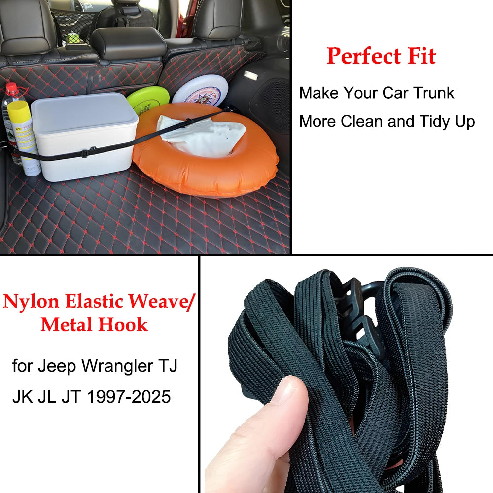 Car Trunk Organizer Elastic Strap Heavy Duty Cargo Strap Rope Hook for Jeep Wrangler TJ JK JL Gladiator JT 1997-2026 Accessories
