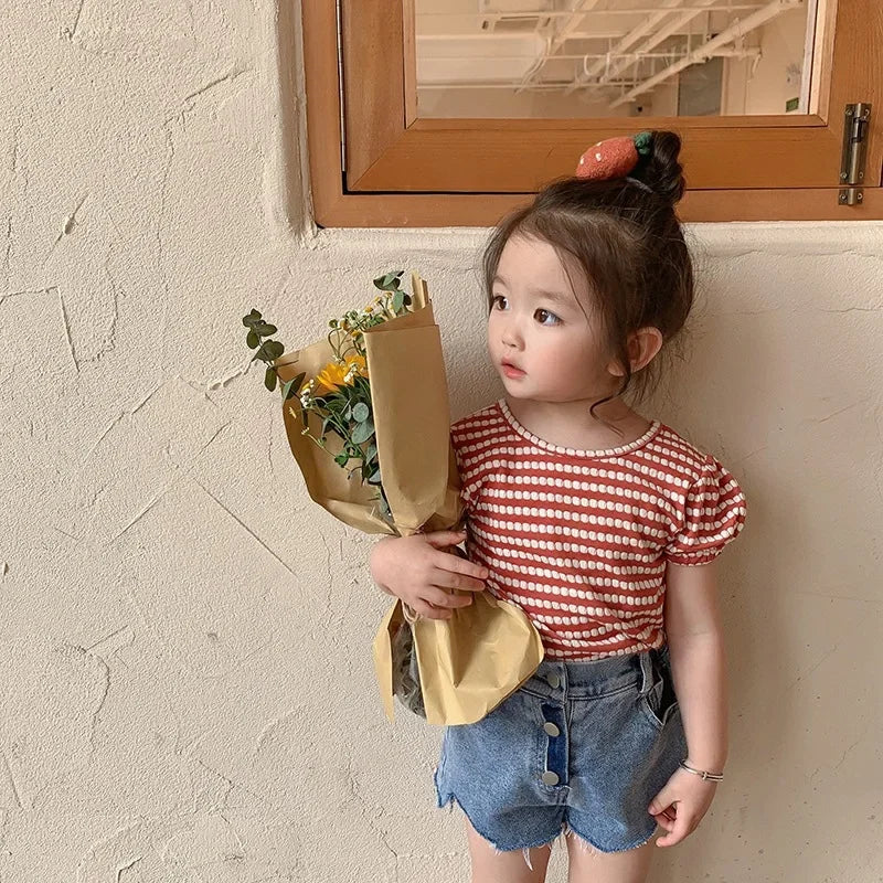 Summer New Korean Style Baby Girls Striped T-shirts Bowknot Backless Puff Sleeve Tops Toddlers Kids Tees