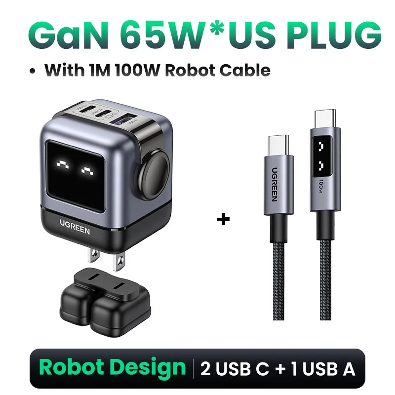 【US Plug】UGREEN 65W 30W GaN Charger Robot Design PD3.0 Fast Charger QC4.0 3.0 PPS for iPhone 18 17 16 Pro Macbook Laptop Table
