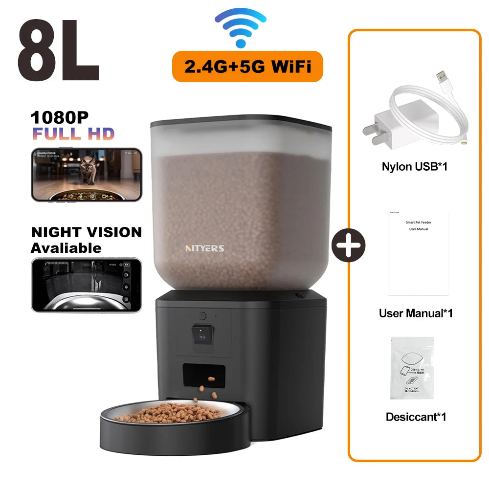 Nityers 8L Automatic Cat Feeder With 1080p Camera Video 5G WiFi Night Vision Cat Food Dispenser Smart Tuya APP Pet Auto Feeder