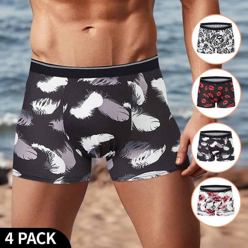 4 Pieces European and American Size MEN'S FASHION Printed Boxer Underwear Comfortable Swimming Trunks Oversized Underwear Shorts