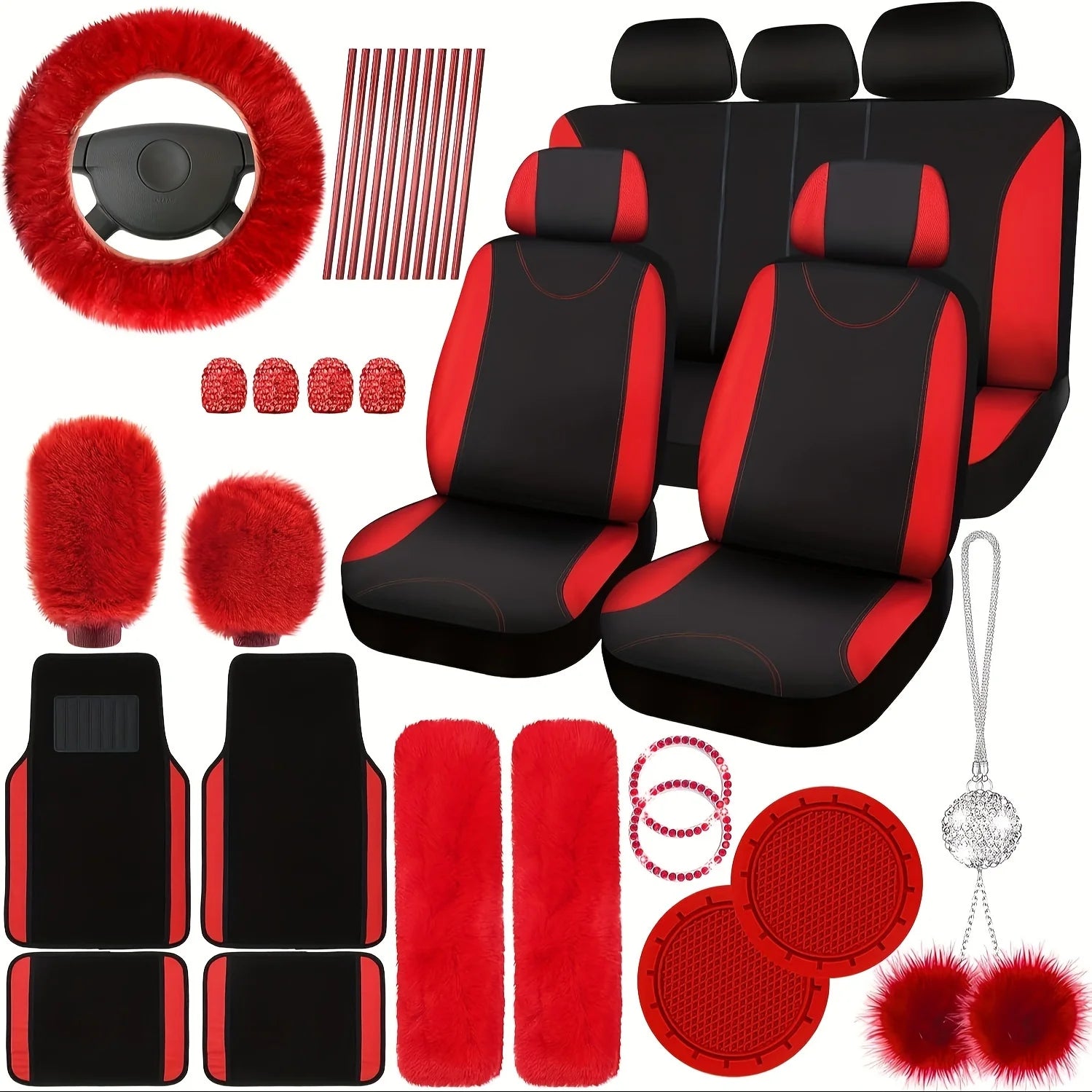 47 Car Seat Cover Full Set Car Accessories Car Seat Covers For Car Front Rear Seat Cover Fluffy Steering Wheel Cover Seat Belt Automotive Floor Mats Car Air Conditioner Decoration Strip