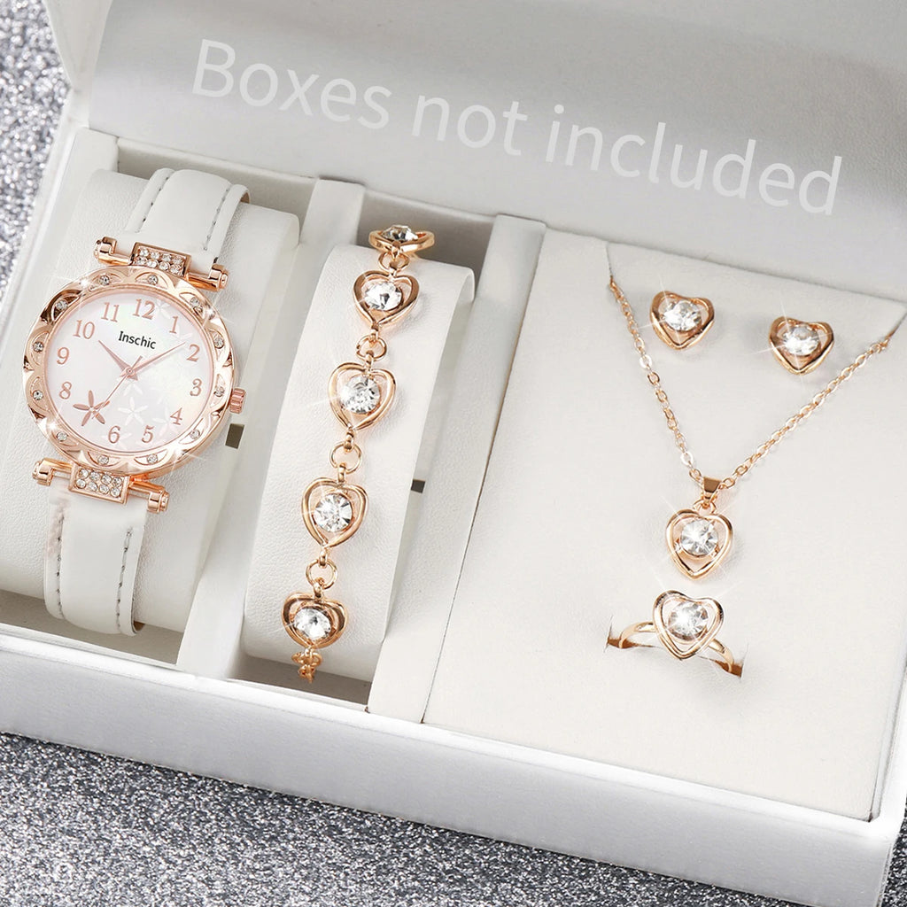 5/6PCS Fashion Rhinestone Women Watches Casual Leather Band Quartz Watch for Women Clock Jewelry Set Reloj Mujer（Without Box）