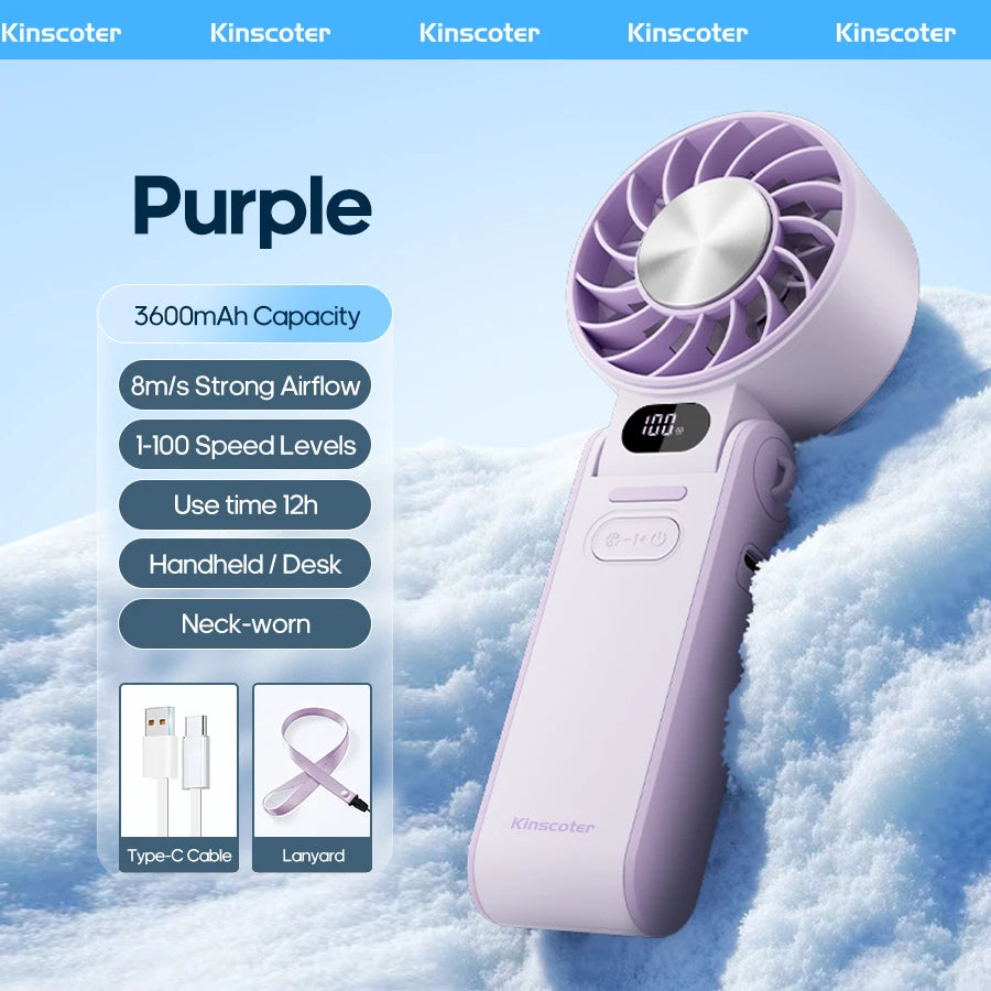 KINSCOTER Outdoor Foldable Portable Handheld Fan Mini Cooling Rechargeable 3600mAh 100-level Free Control High Speed Turbo Fan