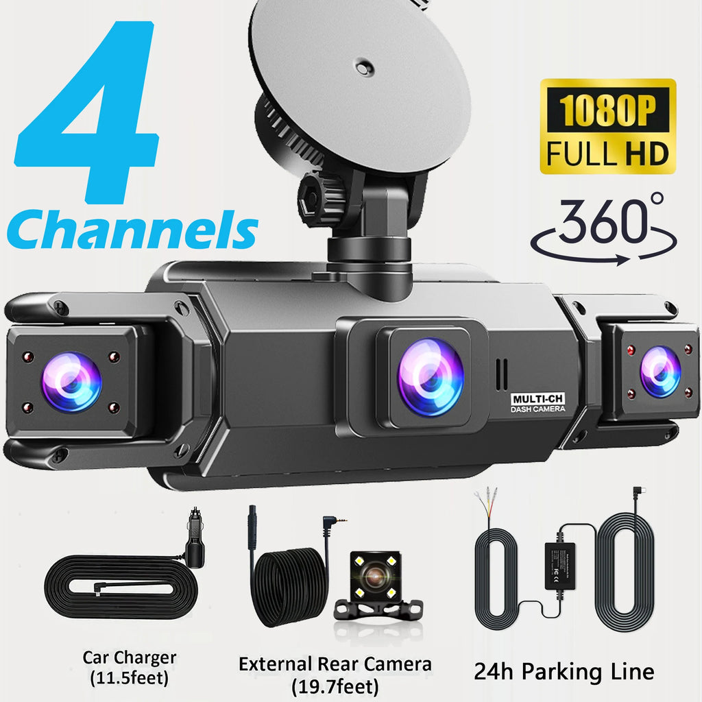 360° Car DVR Dash Cam 4 Lens Front Rear Left Right Inside IPS Screen Rotatable Lens Night Vision 24H Parking G-Sensor Black Box