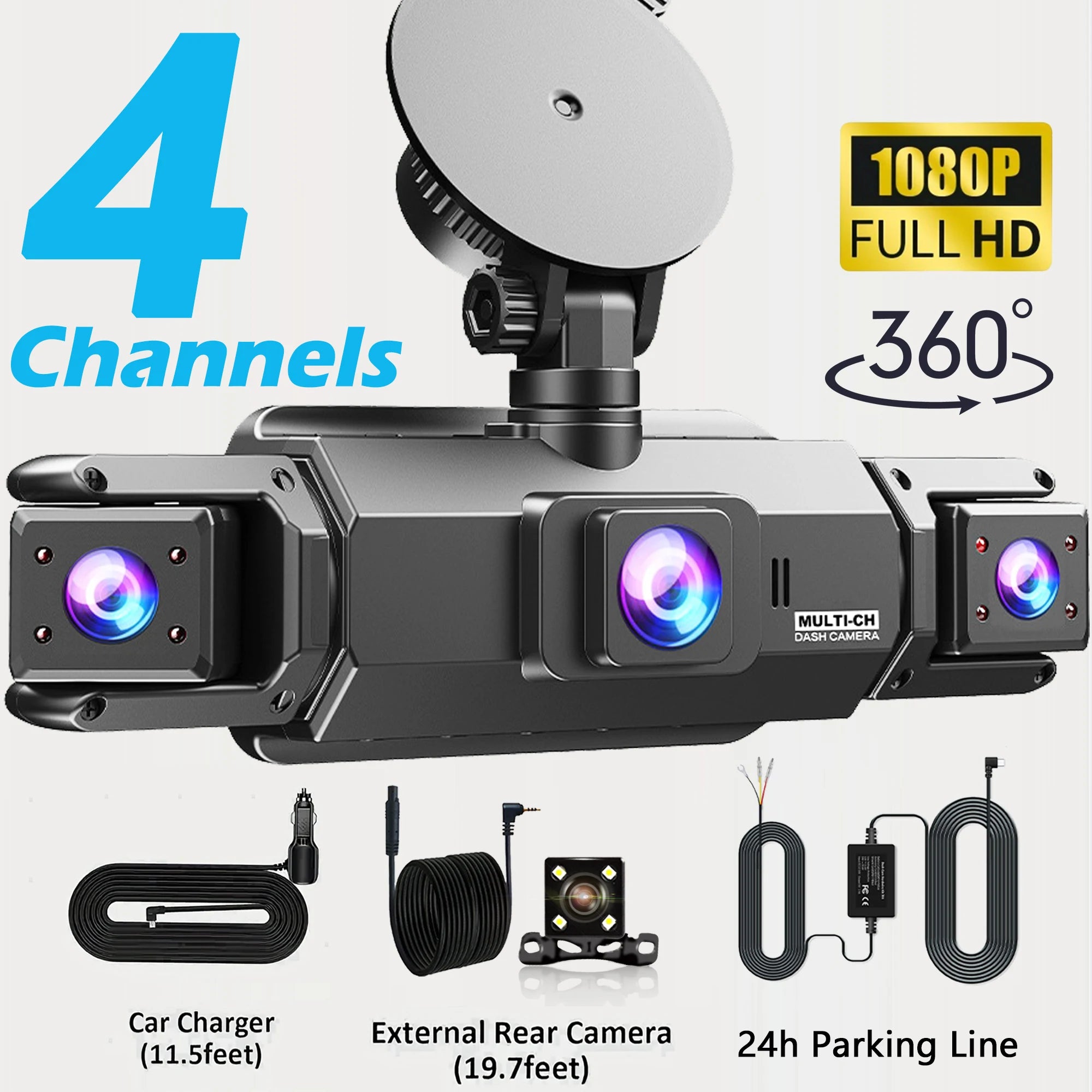 360° Car DVR Dash Cam 4 Lens Front Rear Left Right Inside IPS Screen Rotatable Lens Night Vision 24H Parking G-Sensor Black Box