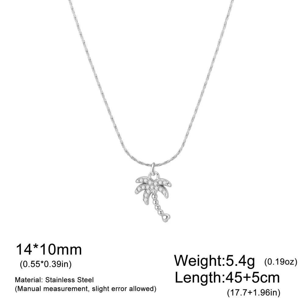 Skyrim Clear Zircon Coconut Tree Pendant Necklace Stainless Steel Gold Color Chain Choker for Women Plant Jewelry Wholesale