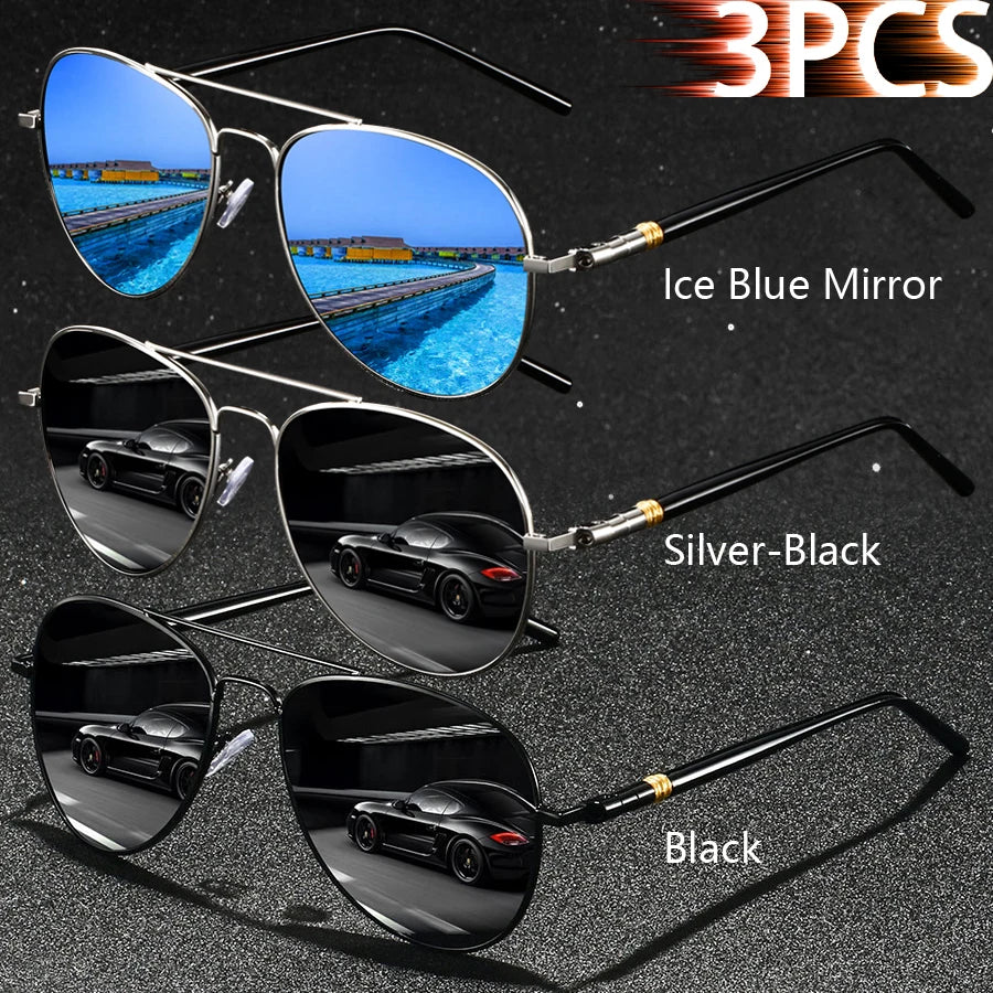 3PCS Fashion Vintage Square Metal Frame Sunglasses Men Women Fishing Driving Luxury Brand Designer Sun Glasses  Eyewear