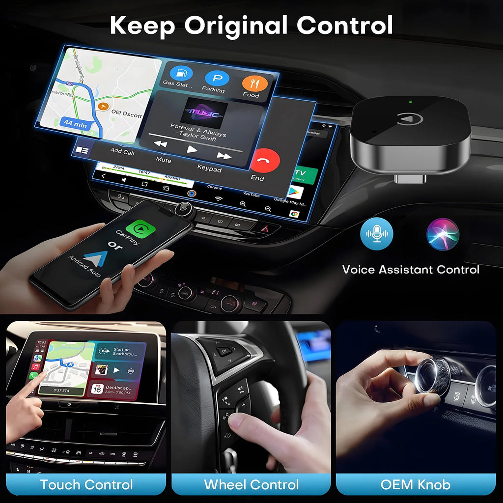 USB C Upgraded 2-in-1 Wireless CarPlay & Android Auto Adapter, Plug & Play Compatible with iPhone & Android Smartphones.