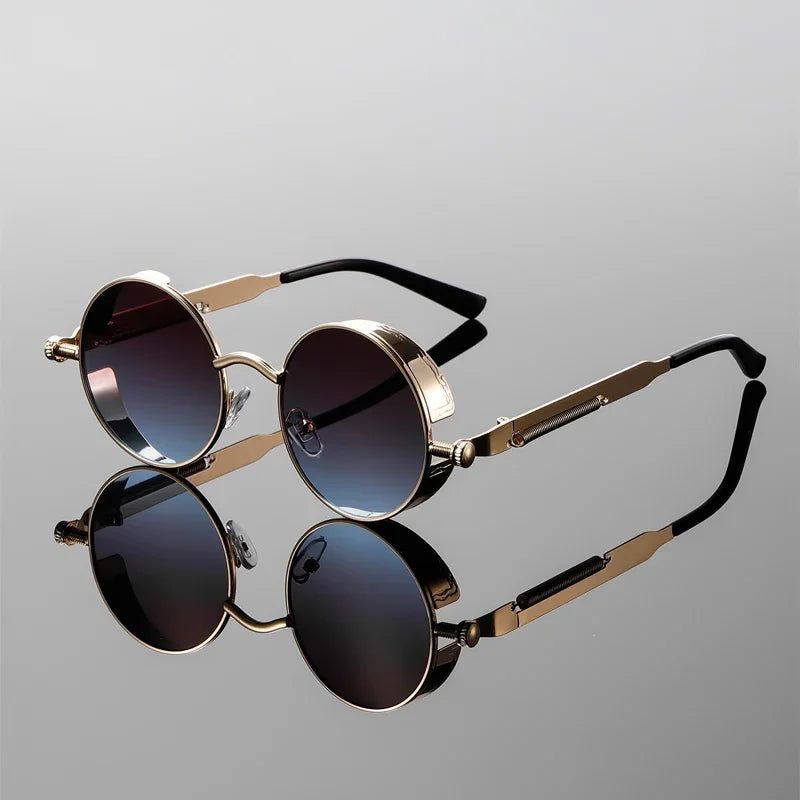 KAMMPT New Fashion Steampunk Metal Shades Original Brand Design Round Decor Sunglasses Chic Vacation Beach Anti UV Sun Glasses