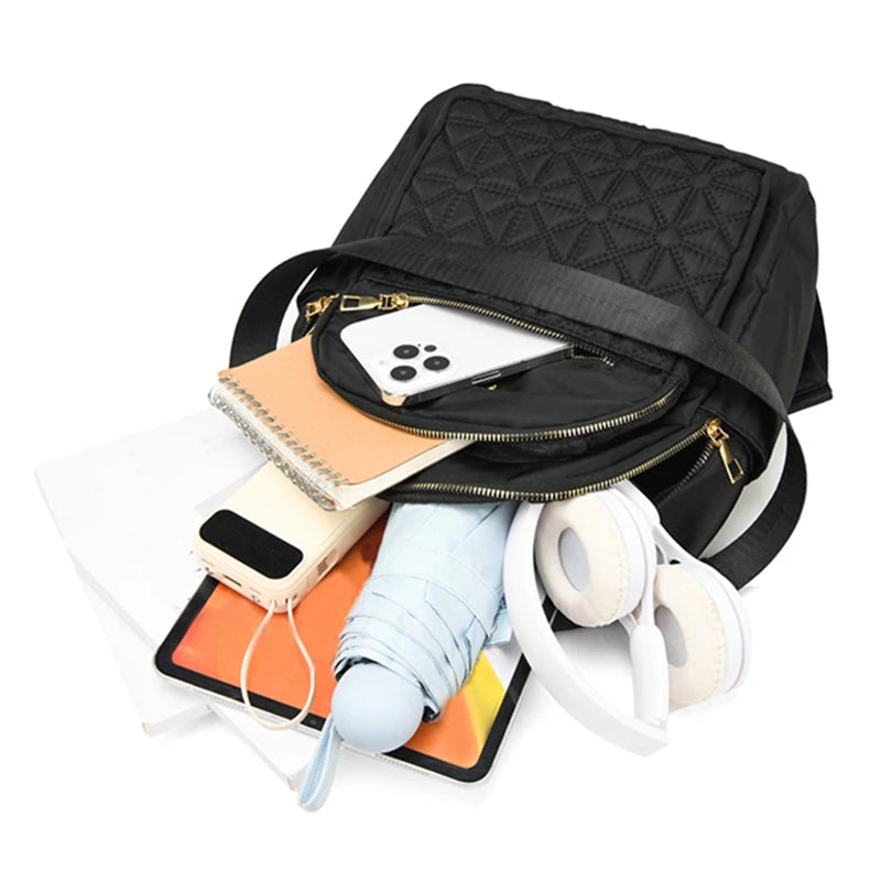Elegant Quilted Nylon Women Backpack Gold Hardware Rucksack Multi‑slot Shoulder Bag For Casual Shopping Travel Activities