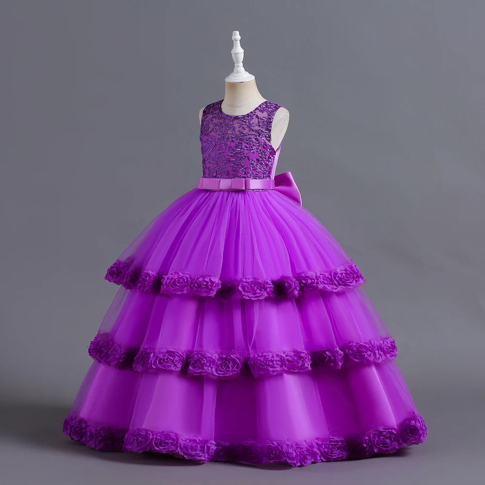 Purple Kids Flower Wedding Dress Birthday Party Ceremony Gown For Kids Girl Wear Lace Fairy Flower Girls Dresses
