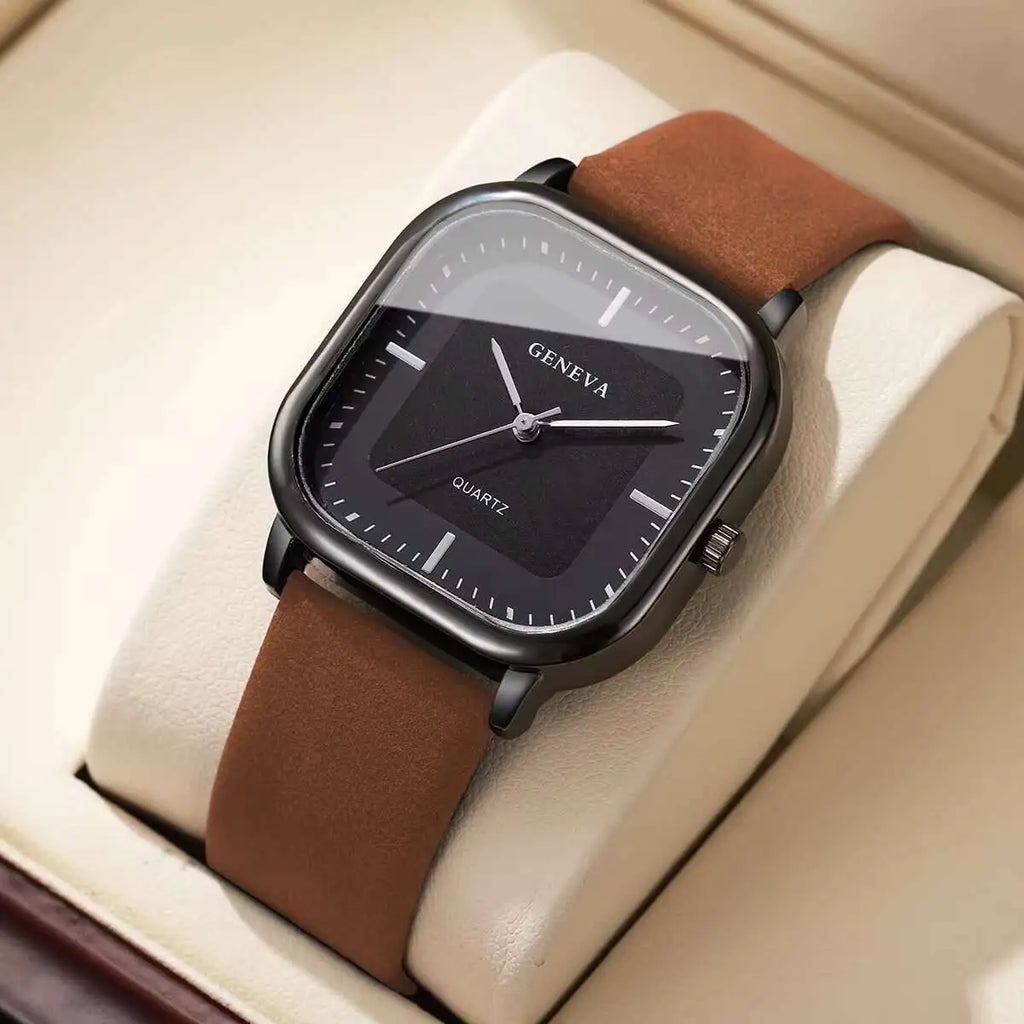 Fashion Square Minimalist Men's Quartz Watch Casual Leather Strap Wristwatch Reloj Hombre（Without Box）