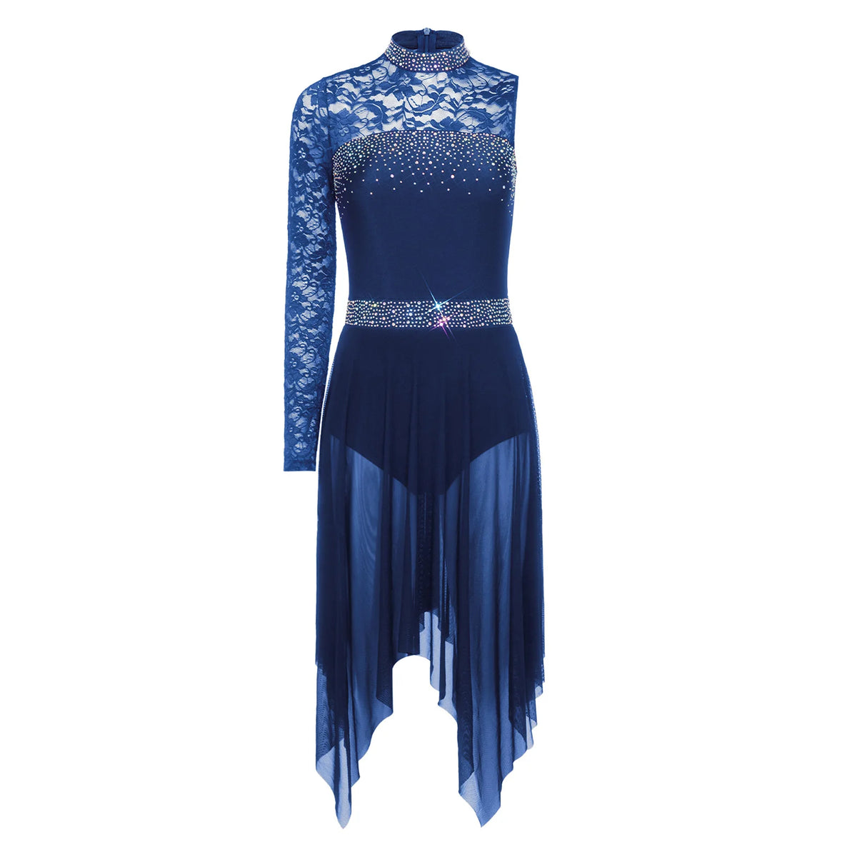 Women Lyrical Figure Skating Dance Dress Rhinestones Ballet Waltz Contemporary Dancewear Floral Lace Long Sleeve Mesh Leotard