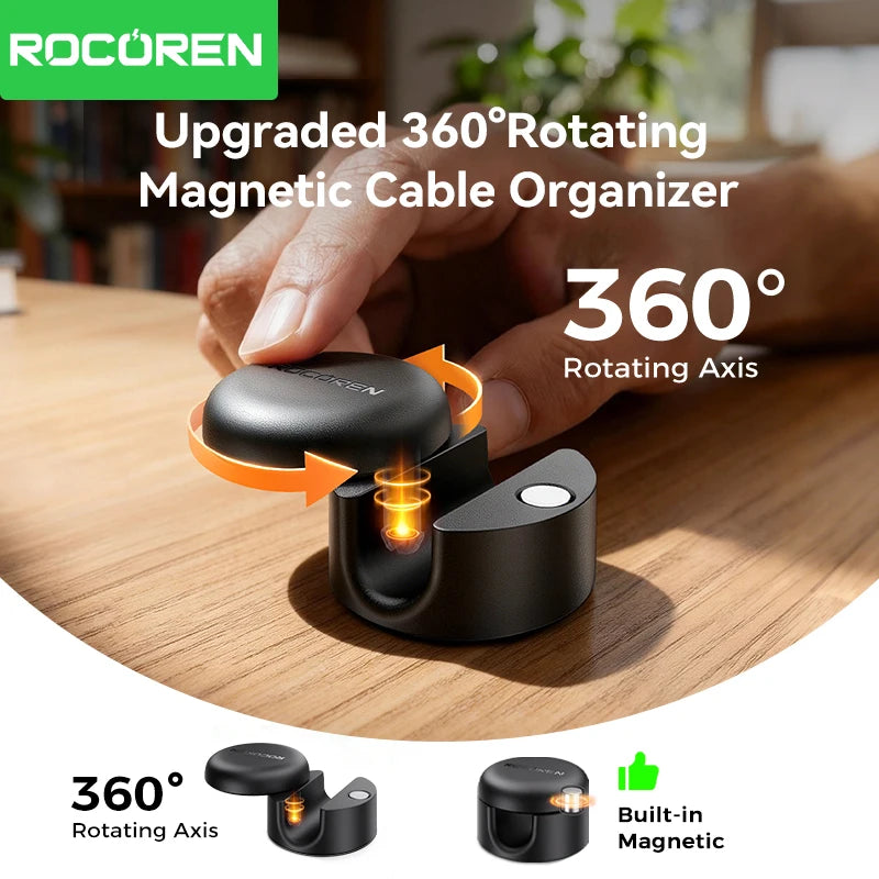 Rocoren 360° Rotating Magnetic Cable Management Self Adhesive Wire Cord Organizer Cable Clips Adjustable Wire Holder Under Desk