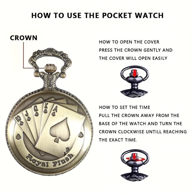 Best Gifts Luxury Quartz Pocket Watch Design Playing Card Necklace Pendant Pocket Watch Clock for Mens Womens