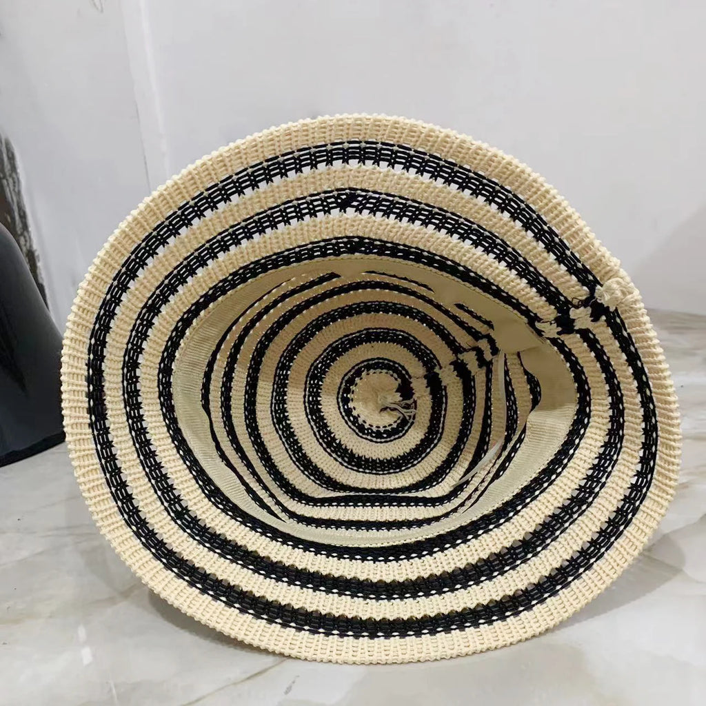 Striped Hollow Women Bucket Hat Spring Summer Outdoor Sunscreen Weave Breathable Fisherman Cap Fahsion Versatile Travel Panama