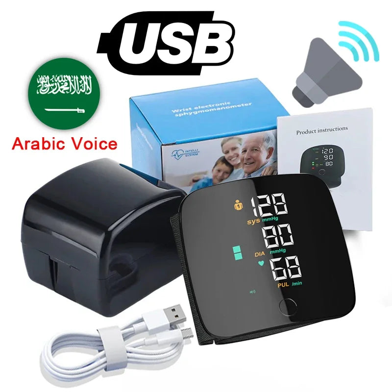 New LED Wrist Blood Pressure Monitor Rechargeable English/Spanish/Russian Voice Broadcast Sphygmomanometer Tonometer BP Monitor