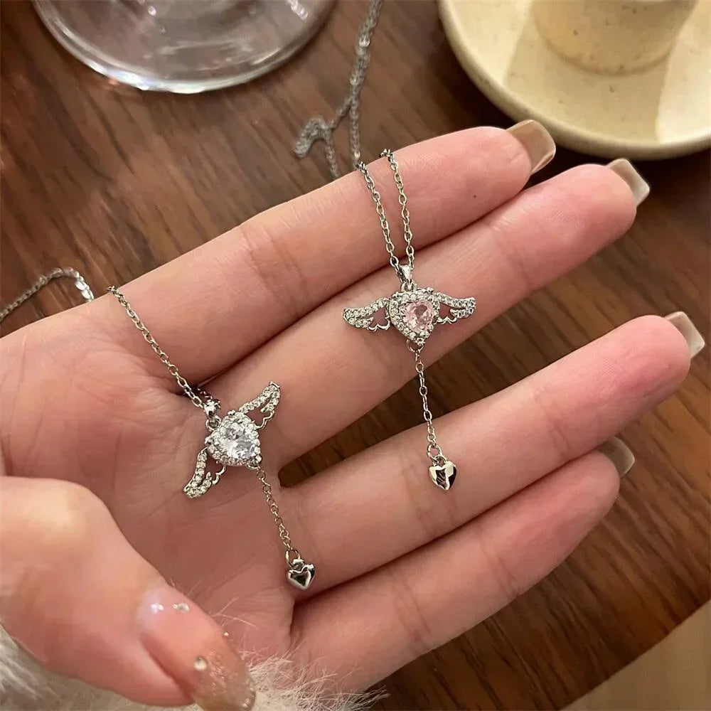 FSUNION 2025 Crystal Angel Wings Heart Pendant Necklaces Simple Pink White Zircon Love Elegant Chokers for Women Fashion Jewelry