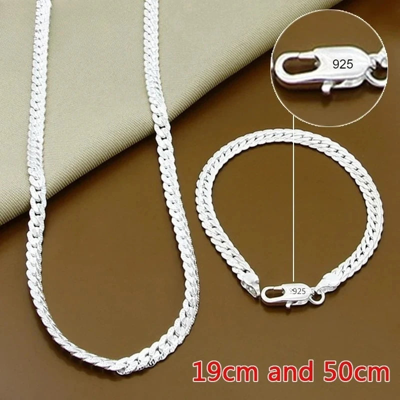 Fine Brands 5MM Flat Chain 925 Sterling Silver Bracelets Necklaces Jewelry Sets for Men Women Fashion Wedding Gifts