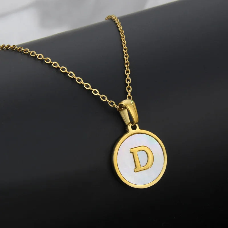 Initial Letter Necklaces for Women Trendy Stainless Steel Circle Couple Pendant Inlaid Shell Jewelry
