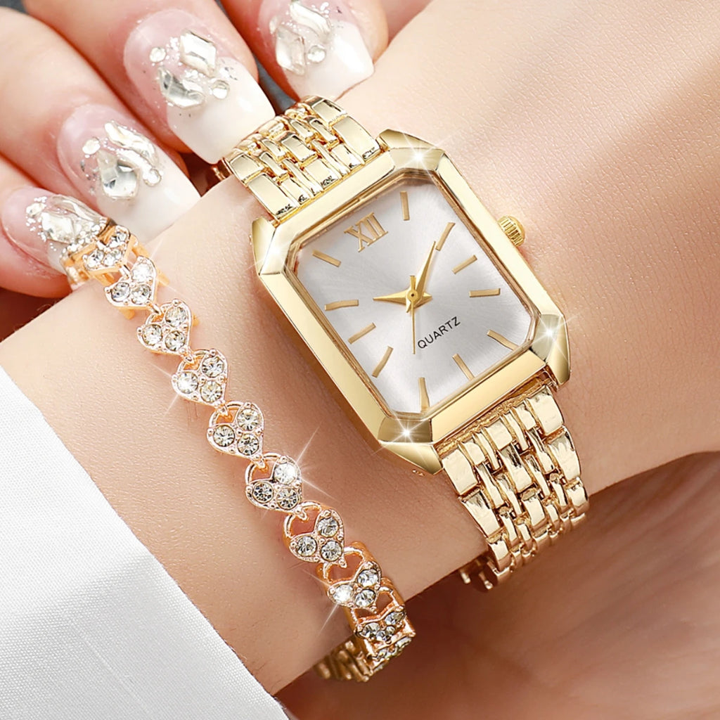 2PCS/Set Fashion Square Women Quartz Watch Elegant Ladies Wristwatches Rhinestone Bracelet Set Reloj Mujer Clock (Without Box)