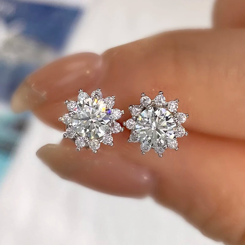 DiamondWorld Sparkling 0.5CT Moissanite Diamond Halo Sun Flower Stud Earrings for Women 925 Sterling Silver Party Fine Jewelry