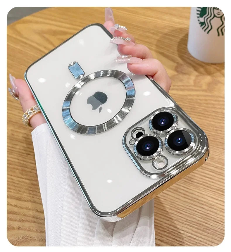 Luxury Transparent Magnetic For Phone Case For iPhone 14 Plus 13 12 11 15 16 17 18 Pro Max AIr Clear Plating Silicone Cover