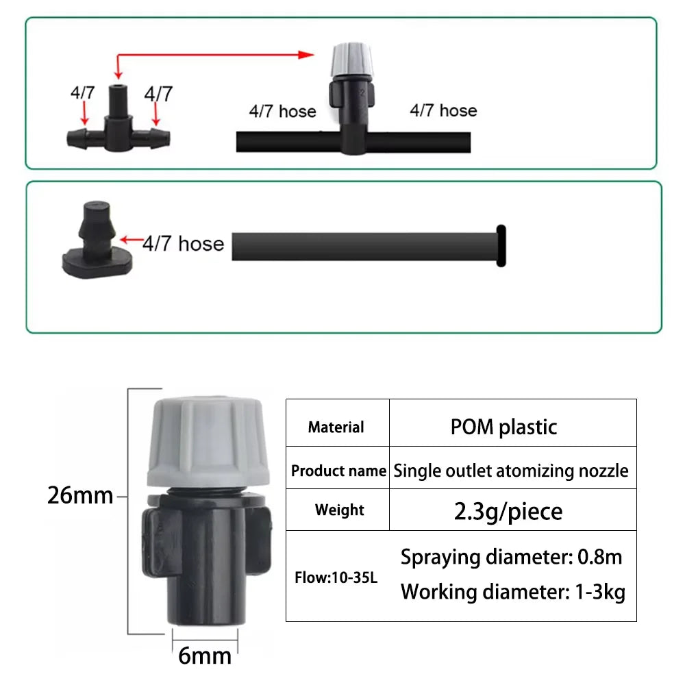 10m Hose Cooling Water Mist Sprayer System Gray Spray Head Garden Atomizer for Outdoor Greenhouse with 4/7mm Connector