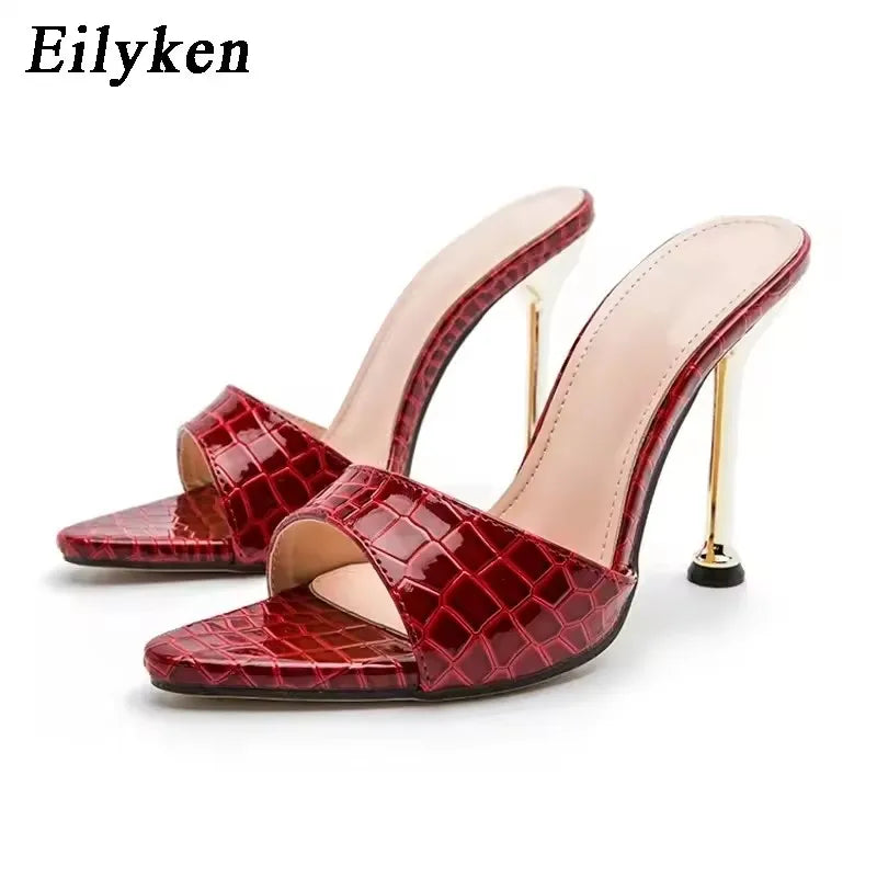 Eilyken Snake Print Strappy Mule Women Thin High Heels Slippers Sandals Pointed Peep Toe Slides Party Flip Flops Shoes