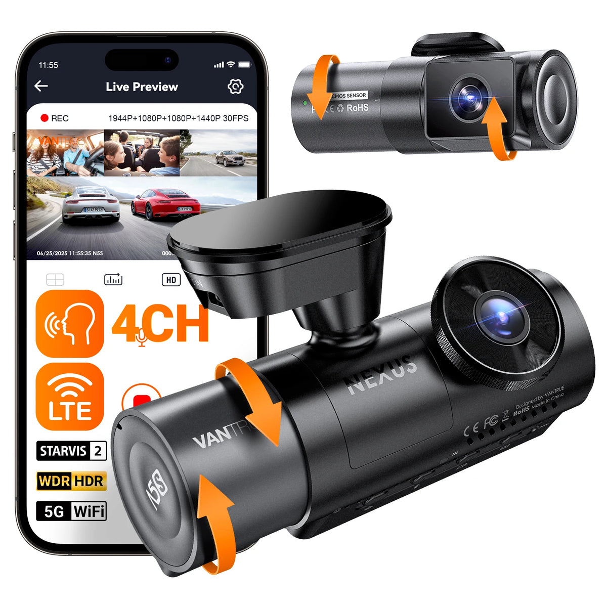 Vantrue N5S DashCam 4 Channel WiFi 360 Degree STARVIS 2 IR Night Vision LTE Support Voice Control 24 Hours Parking Mode