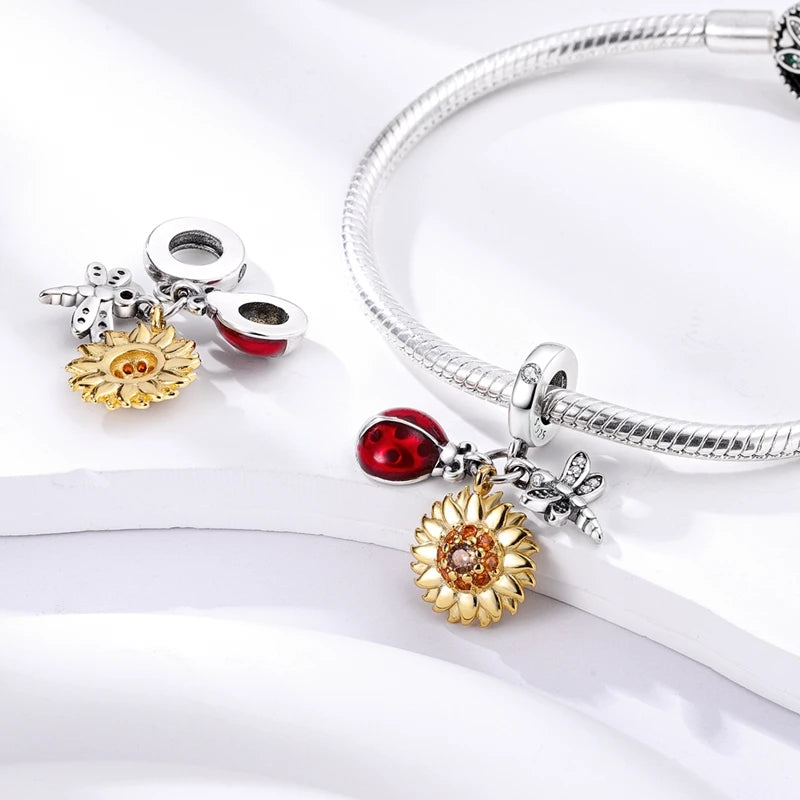 Hot Sale Charm Bead Pendant 925 Sterling Silver Firefly Love Heart Cats Dogs Sunflower Charm for Bracelet Women DIY Jewelry Gift