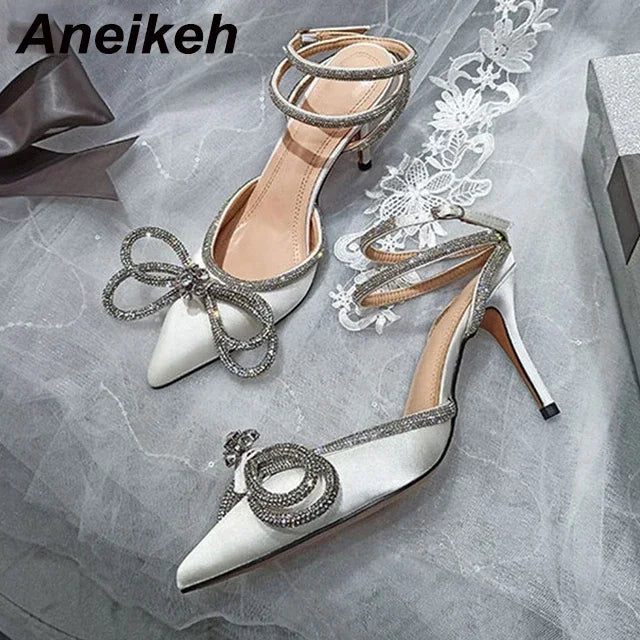 Aneikeh Spring/Autumn 2026 Women's Shoes Fashion Butterfly-Knot Narrow Band Bling Patchwork Cross-Tied Crystal Pointed Toe Pumps