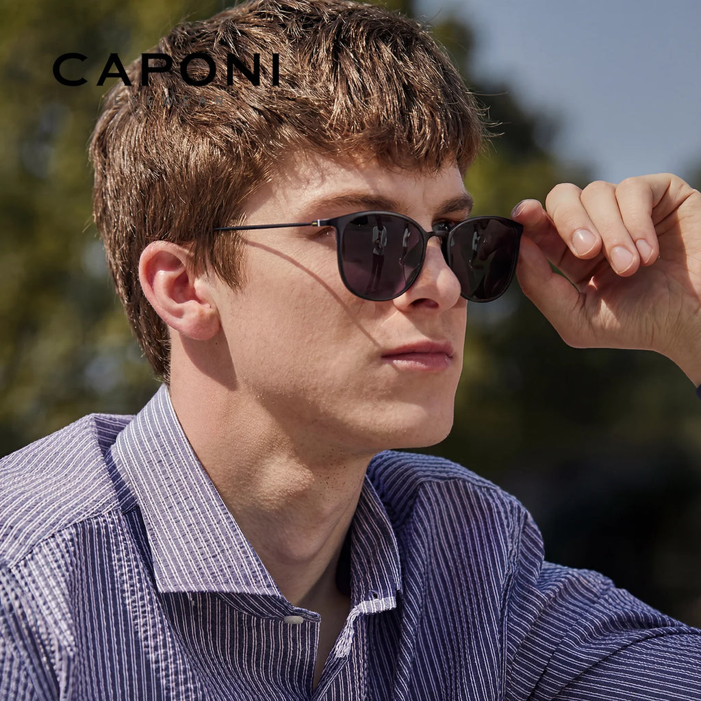 CAPONI Oval Men's Sunglasses Photochromic Polarized Sun Glasses For Men Protect UV Ray Super Light Driving Black Glasses BS520