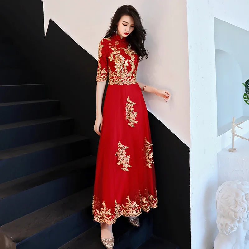 Chinese Style Bride Wedding Dress Elegant Embroidery Tulle Women Dress Evening Party Dress Classic Mandarin Collar Vestidos 3XL