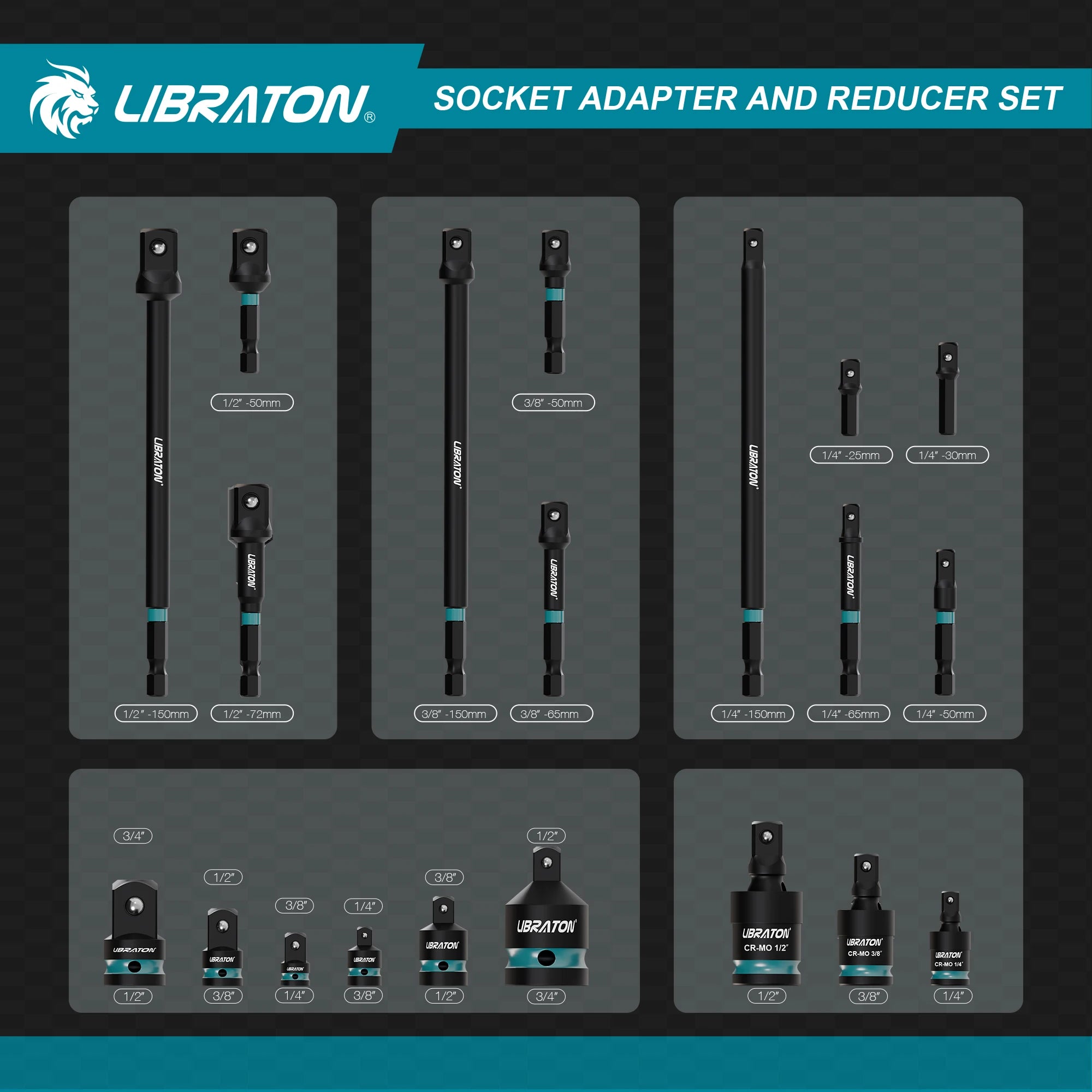 LIBRATON 20Pcs Impact Socket Adapter with Socket Reducer, Universal Seals, Socket Holder Adapter, XPE Box, for Auto Repair