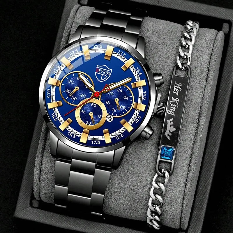 DEYROS 2pcs Luxury Black Quartz Watch & Bracelet For Men Business Fashion Round Calendar Watch Set
