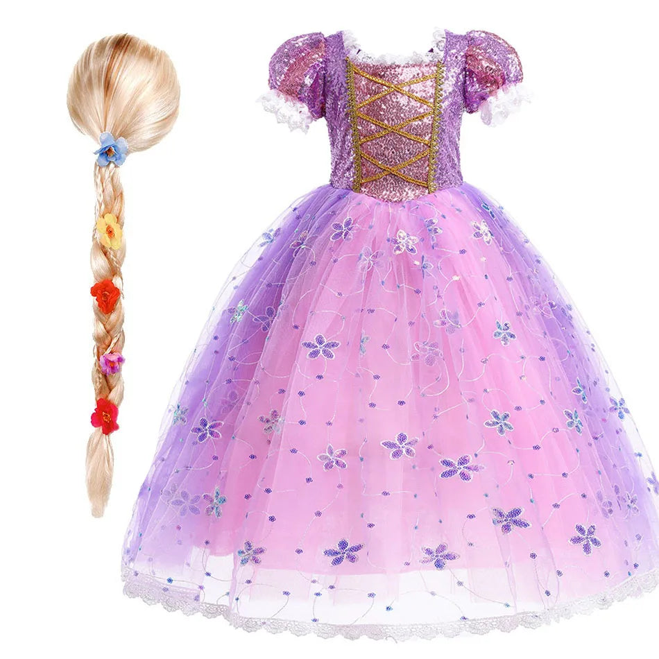 Children Halloween Costume Little Girls Rapunzel Costume Sequins Purple Dress Kids Princess Cosplay Dress 3 4 5 6 7 8 9 10 Years