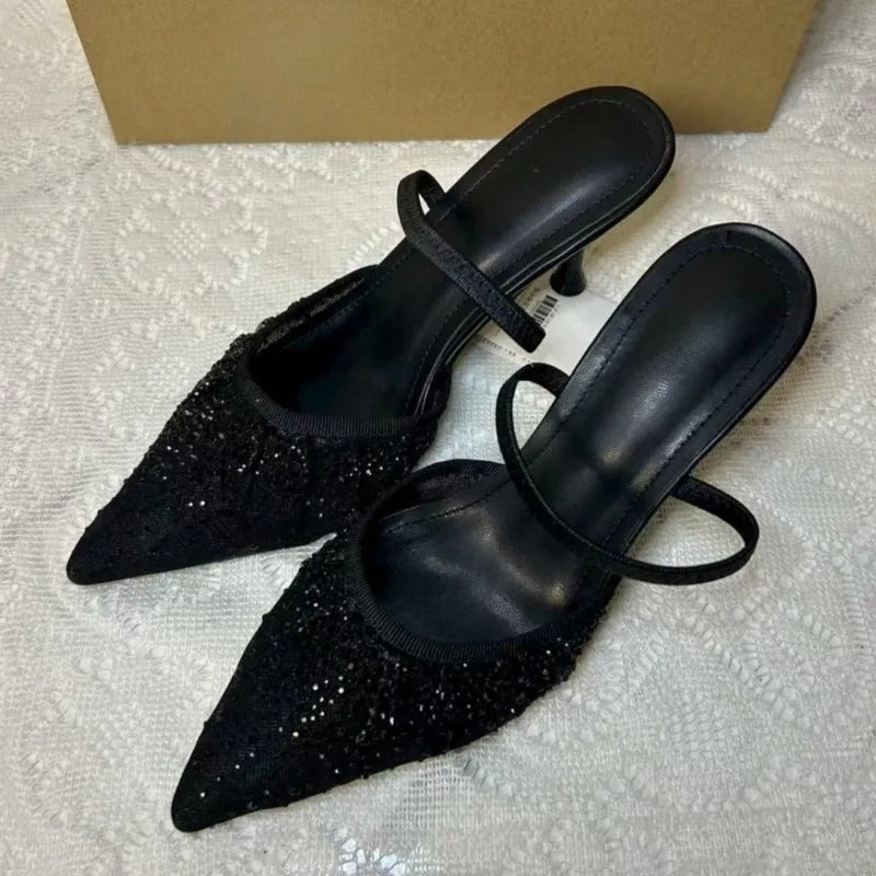 Shiny Rhinestones Mesh Women Party Shoes Brand Pointed Toe Mules Stiletto Elegant Back Strap High Heels Wedding Bridal Pumps