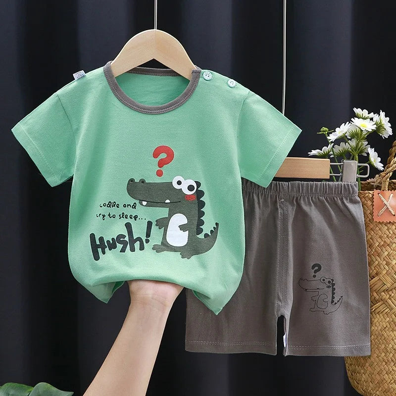 1-6 Y Kids Cartoon Excavator Striped T-Shirt+Shorts 2-Piece Set Cotton Pajama Baby Boys Girls Summer Casual Tracksuit Clothes Su