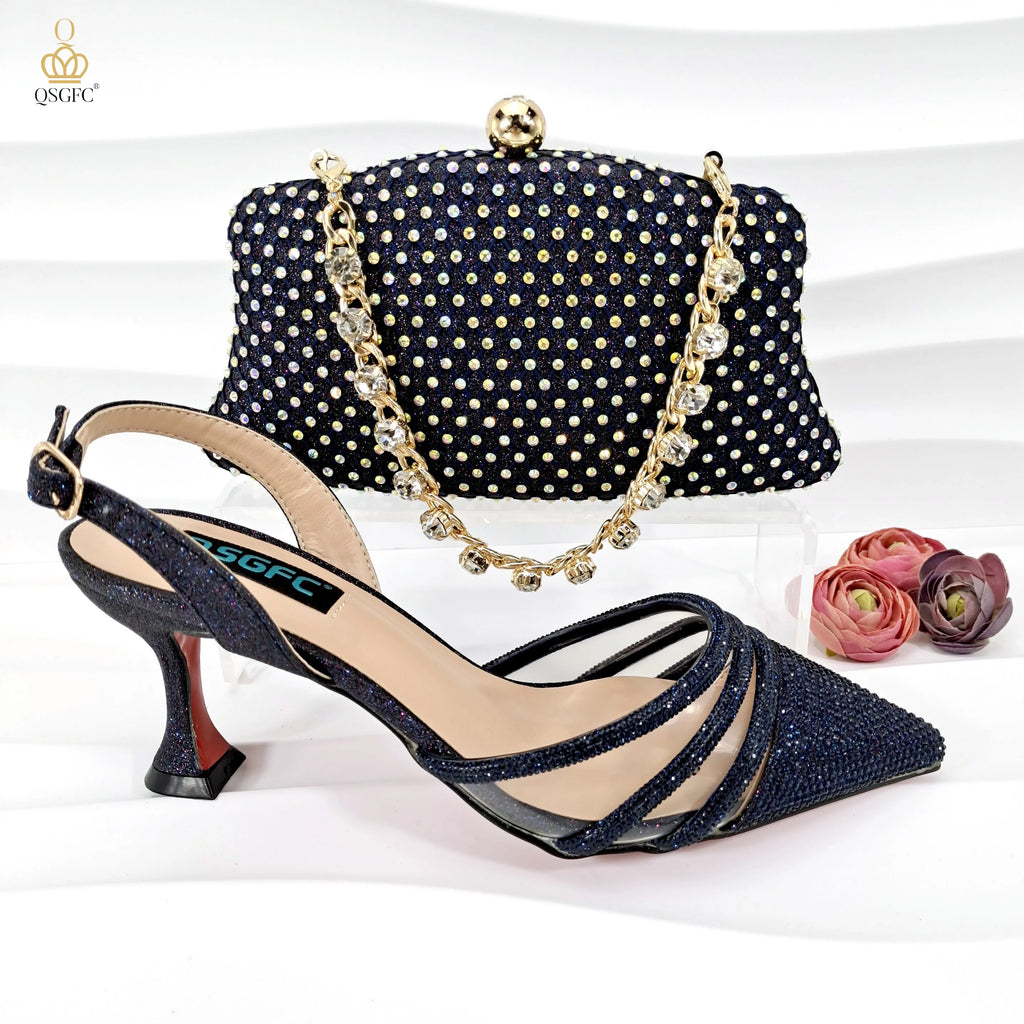 QSGFC Italian Design Nigeria New Trendy Full Diamond Embellished High Heels Peach Color Women's Bag and Shoes For Party Wedding