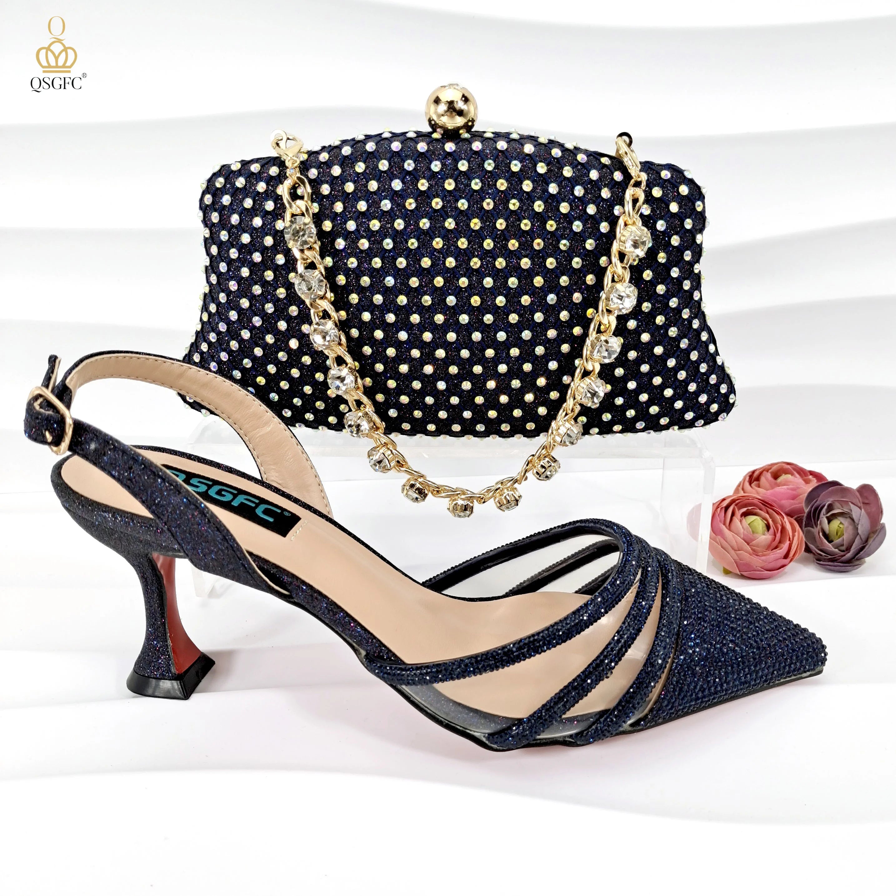 QSGFC Italian Design Nigeria New Trendy Full Diamond Embellished High Heels Peach Color Women's Bag and Shoes For Party Wedding