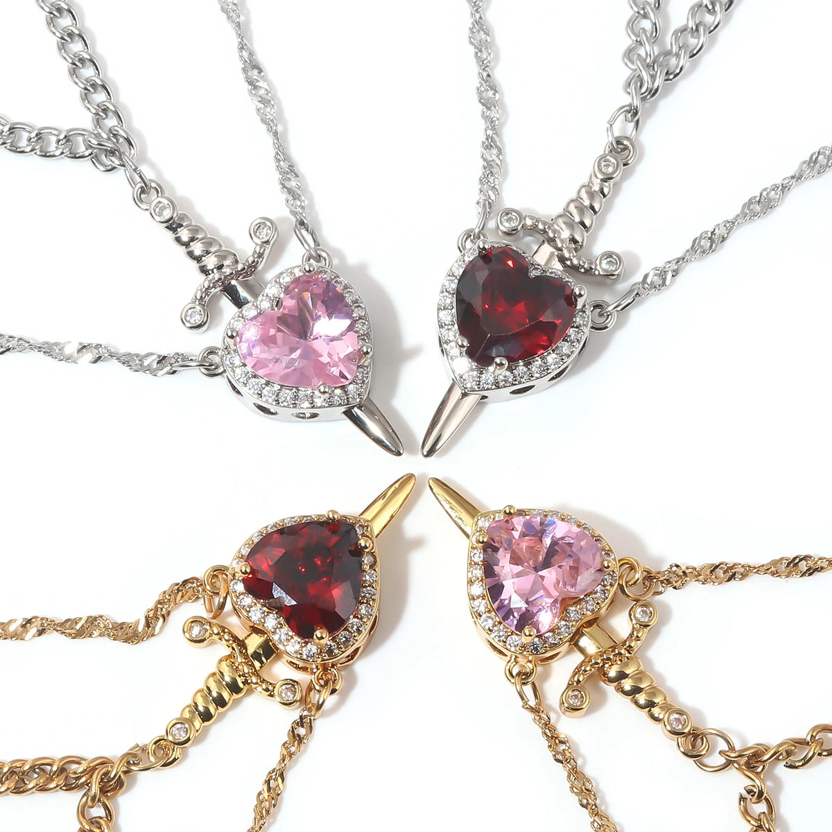 LATS 2pcs Can Be Assembled Heart and Sword Zircon Pendant Necklace for Women Men Couple Silver Gold Plated Choker Chain Jewelry