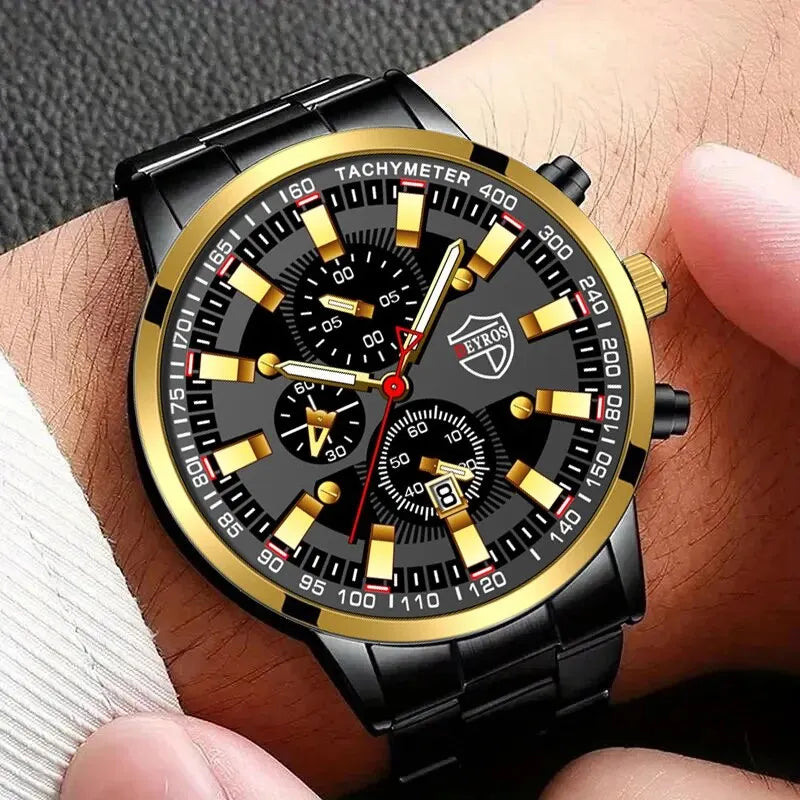 Luxury Men's Casual Fashion Business Golden Needle Digital Steel Band Quartz Watch Calendar Designed For Successful Men Classic