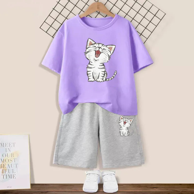 Girls Happy Cat Printed 2PC Outfit Set Summer Fashion Short Sleeve T-Shirt And Shorts Combo Cute Kids Clothing