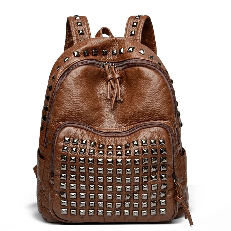 Fashion Rivet Soft Leather Women Backpacks Designer Large Capacity Girls School Bag Luxury Female Bagpack Travel Bags Sac A Main