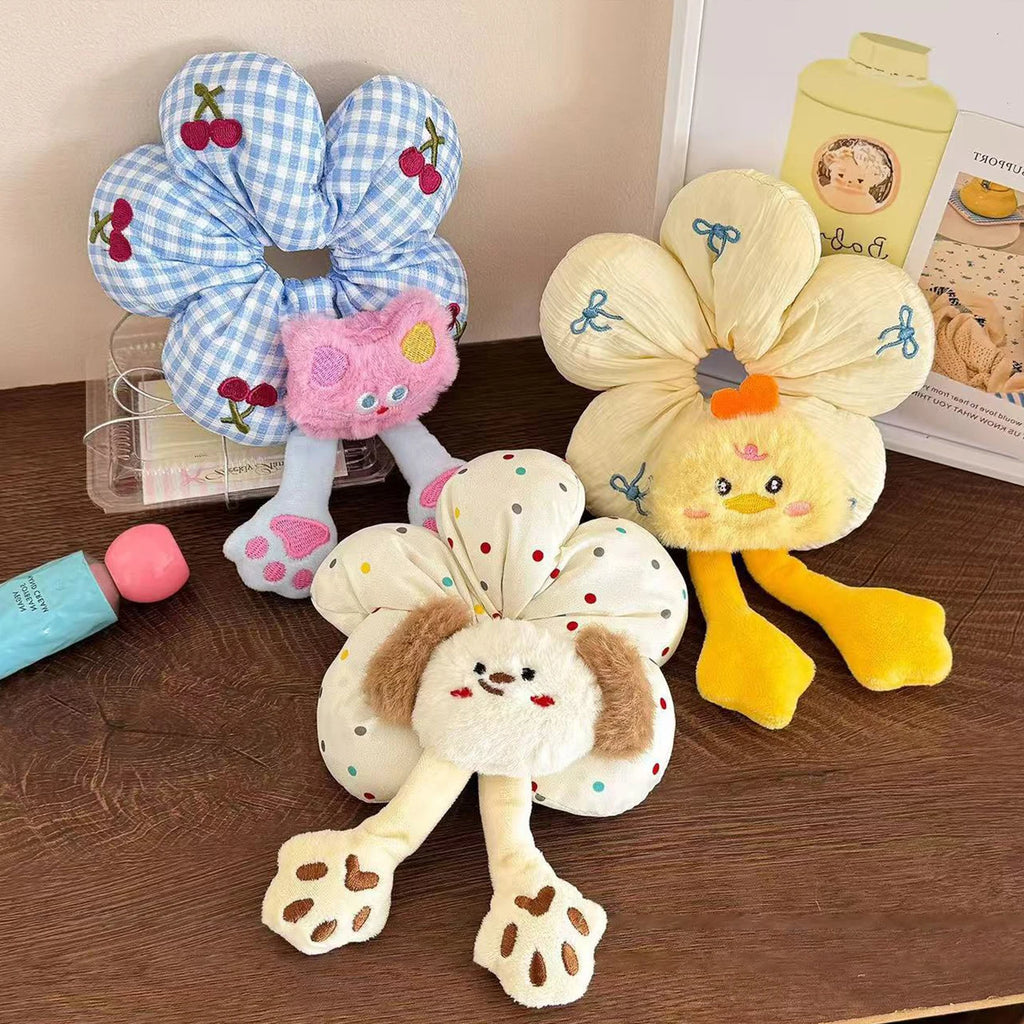 1pc cute cartoon animal  flower large intestine scrunchie, cotton three-dimensional puppy head rope little yellow duck hair rope