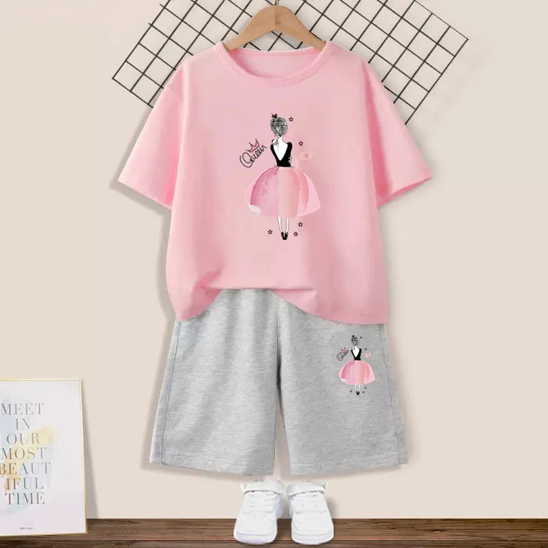2024 Summer Girls Cotton Clothing Sets Kids Cute Cartoon Butterfly High Heel T-shirt +Shorts 2Pce Suits Childrens Tracksuits