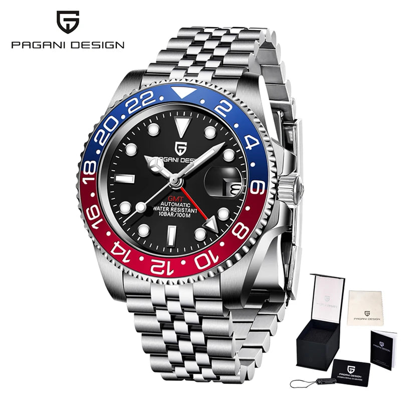 PAGANI DESIGN PD-1662 Luxury GMT Men Mechanical Wristwatch Sapphire Glass Stainless Steel 100M Waterproof Automatic Watches